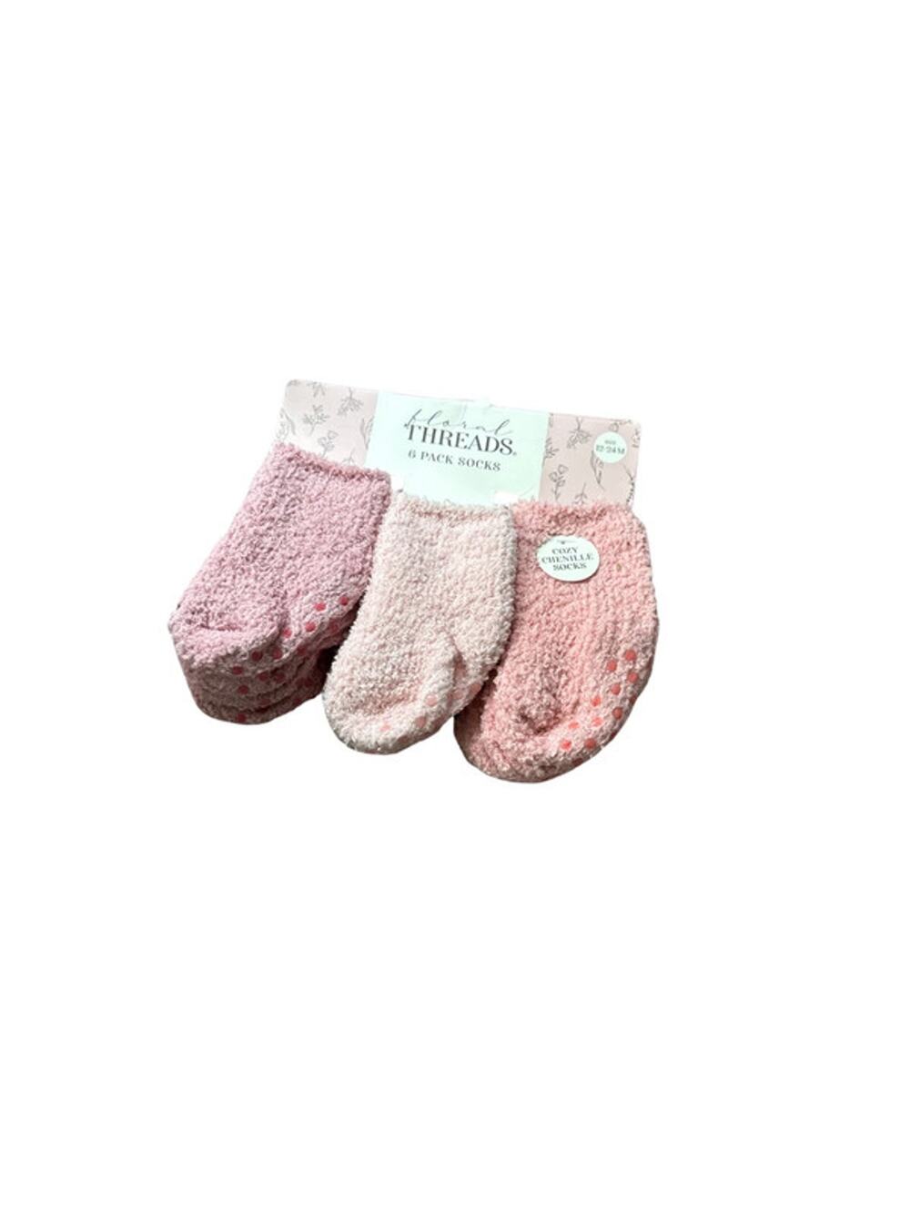 Rose 6 Pack Cozy Chenille Gripper Socks 🧦 12-24 M